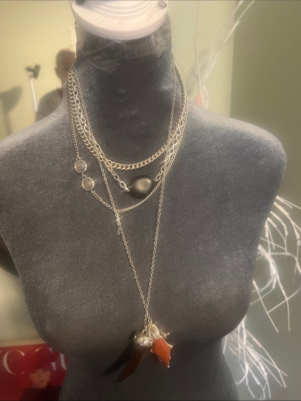 Free People Silver-Tone Layered Necklace with Brown and Orange Pendants